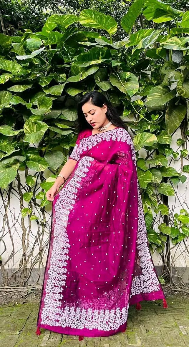 Half silk block print sharee